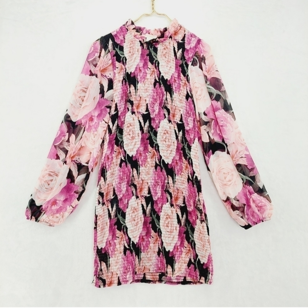 Revamped Smocked Floral Rose Long Sleeve Mini Dress Sz Large